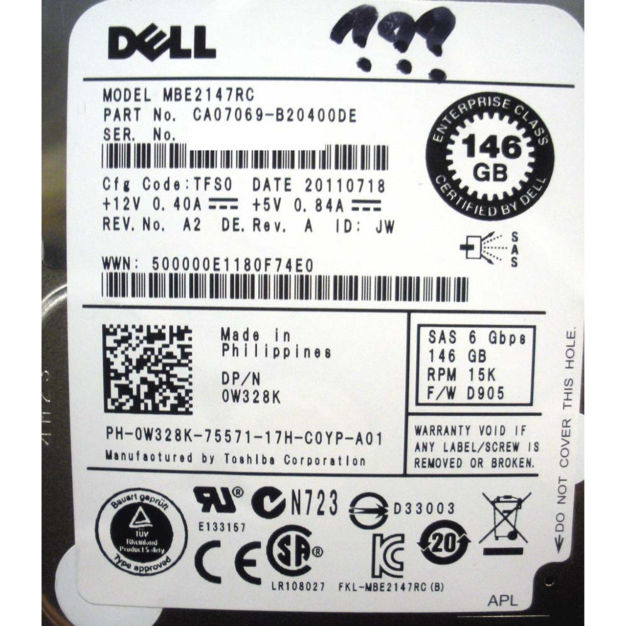 Dell W328K Hard Drive 146GB 15K SAS 2.5in