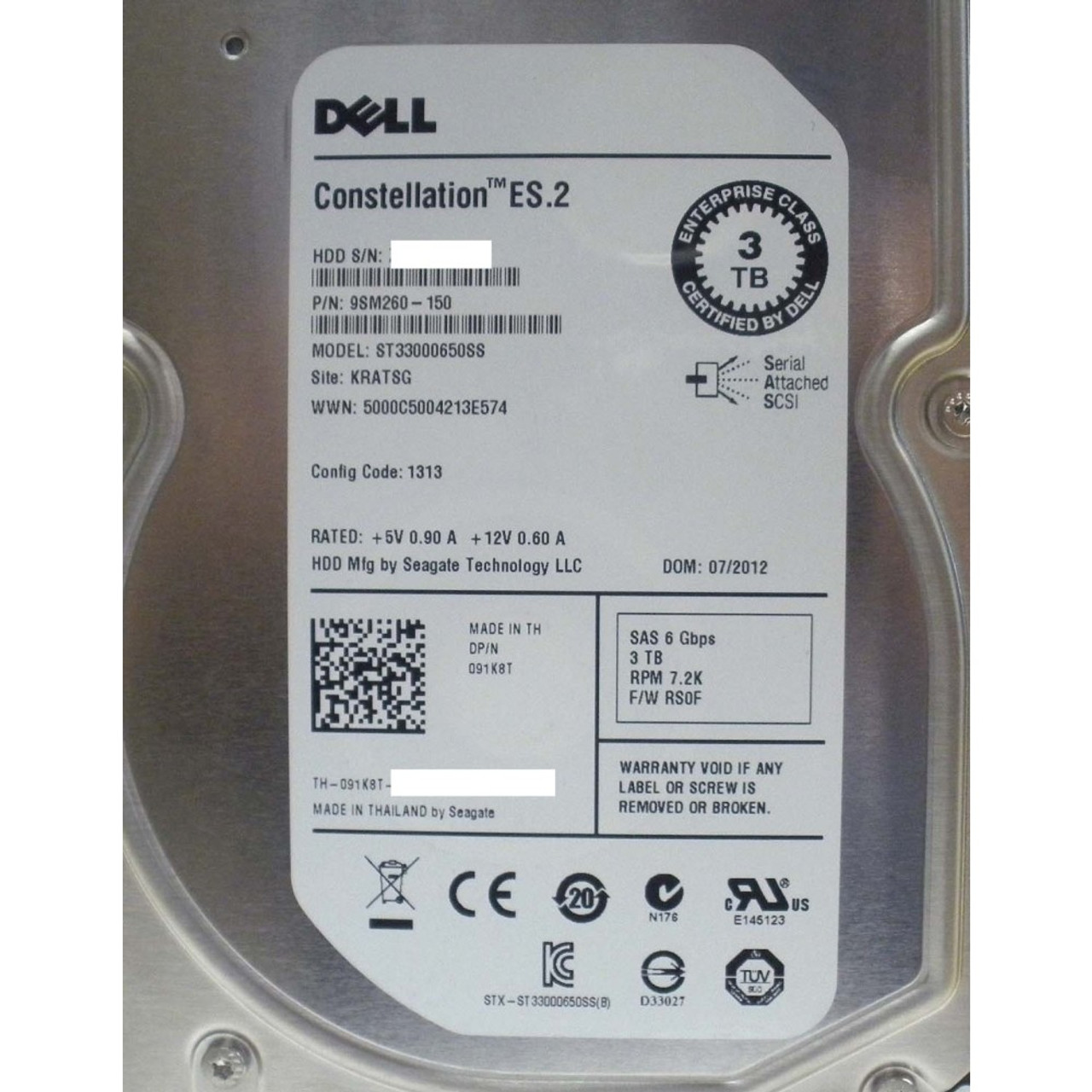 Dell 91K8T Hard Drive 3TB 7.2K SAS 3.5in | Seagate ST33000650SS