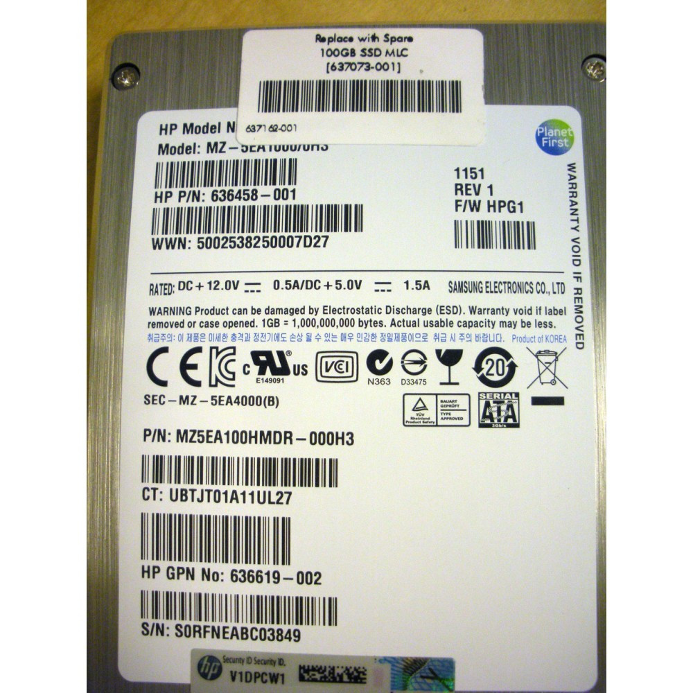 HP 636599-B21 637073-001 100GB 3G SATA MLC SFF SSD Solid State Drive