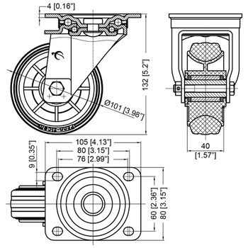 OBR100/LP - 4" SOFT RUBBER WHEEL CASTER