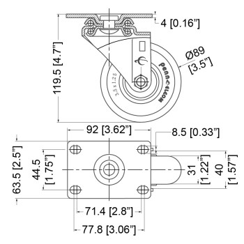 3075 - 3 1/2" Swivel Caster with #2 Top Plate