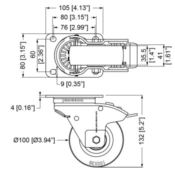 W9008-AUTO 4" Heavy Duty Braked Swivel Automatic Caster with Rubber Blue Wheel