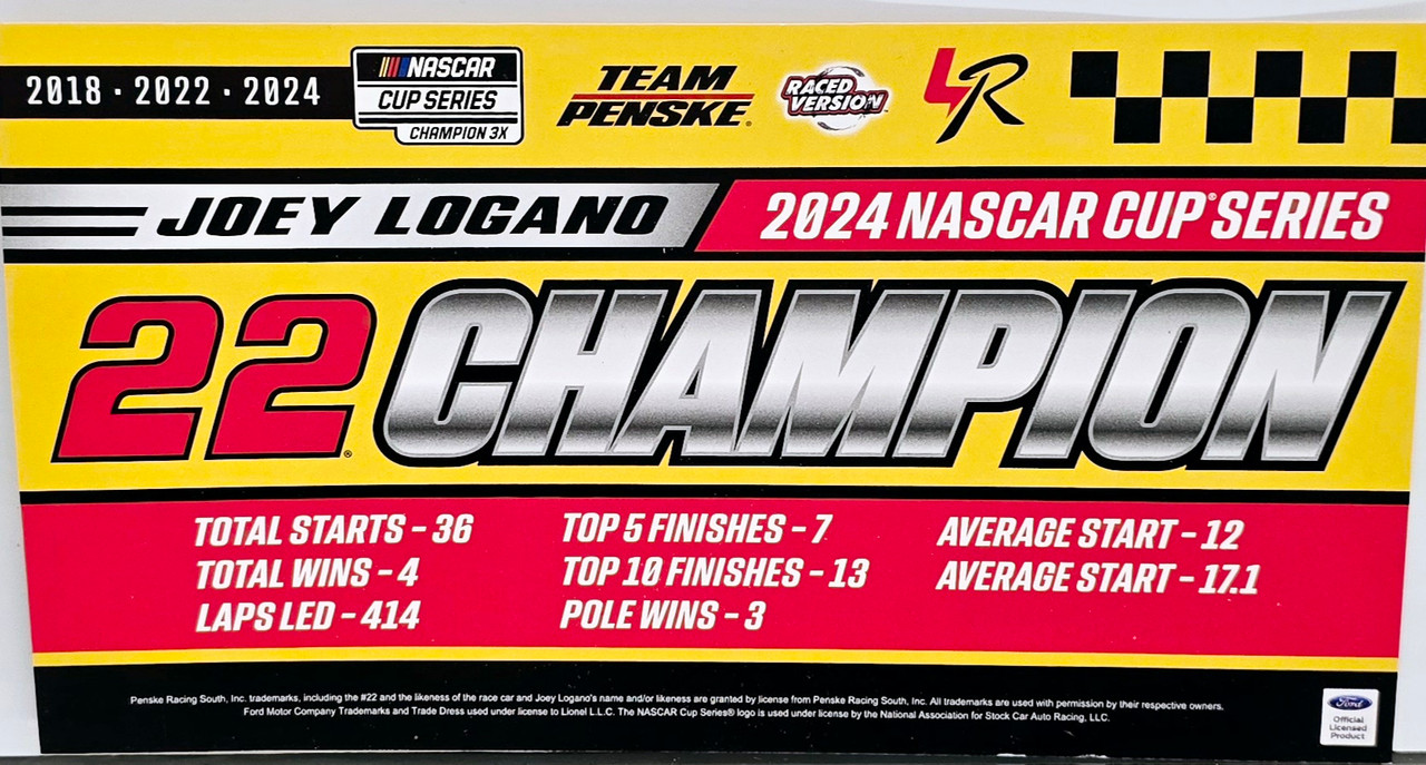 JOEY LOGANO 2024 CUP 3X CHAMPION 1/24 ARC DIECAST