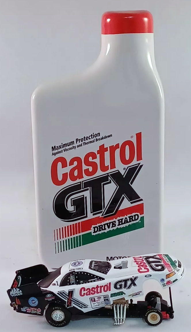 JOHN FORCE 2001 CASTROL FUNNY CAR IN TIN 1/64 ACTION DIECAST