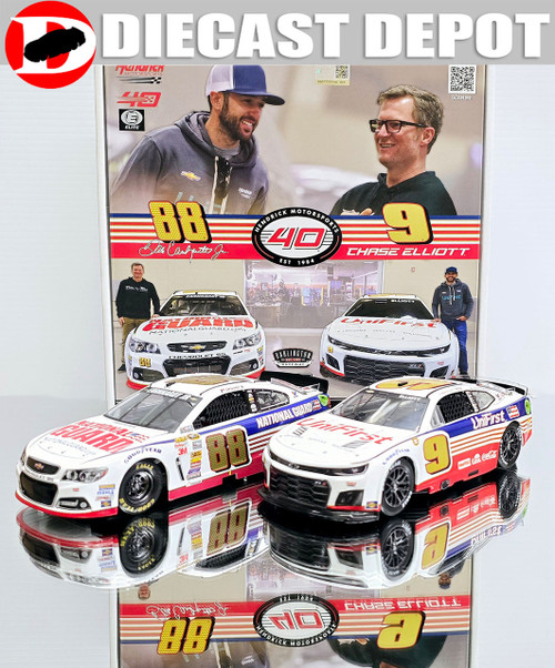 DALE JR & CHASE ELLIOTT 2-CAR SET NATIONAL GUARD & UNIFIRST 1/24 ELITE DIECASTS (BOX HAS SOME SLIGHT DAMAGE BUT THE SET IS NEW & DIECASTS MINT)