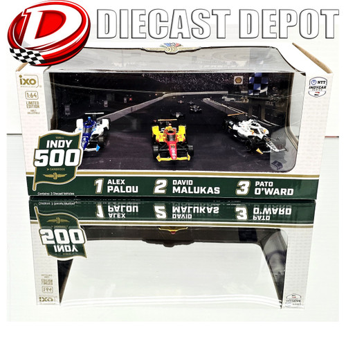 2025 109TH INDIANAPOLIS 500 VICTORY ROW PODIUM 3-CAR SET (ALEX PALOU, DAVID MALUKAS, PATO O'WARD) 1/64 IXO DIECASTS