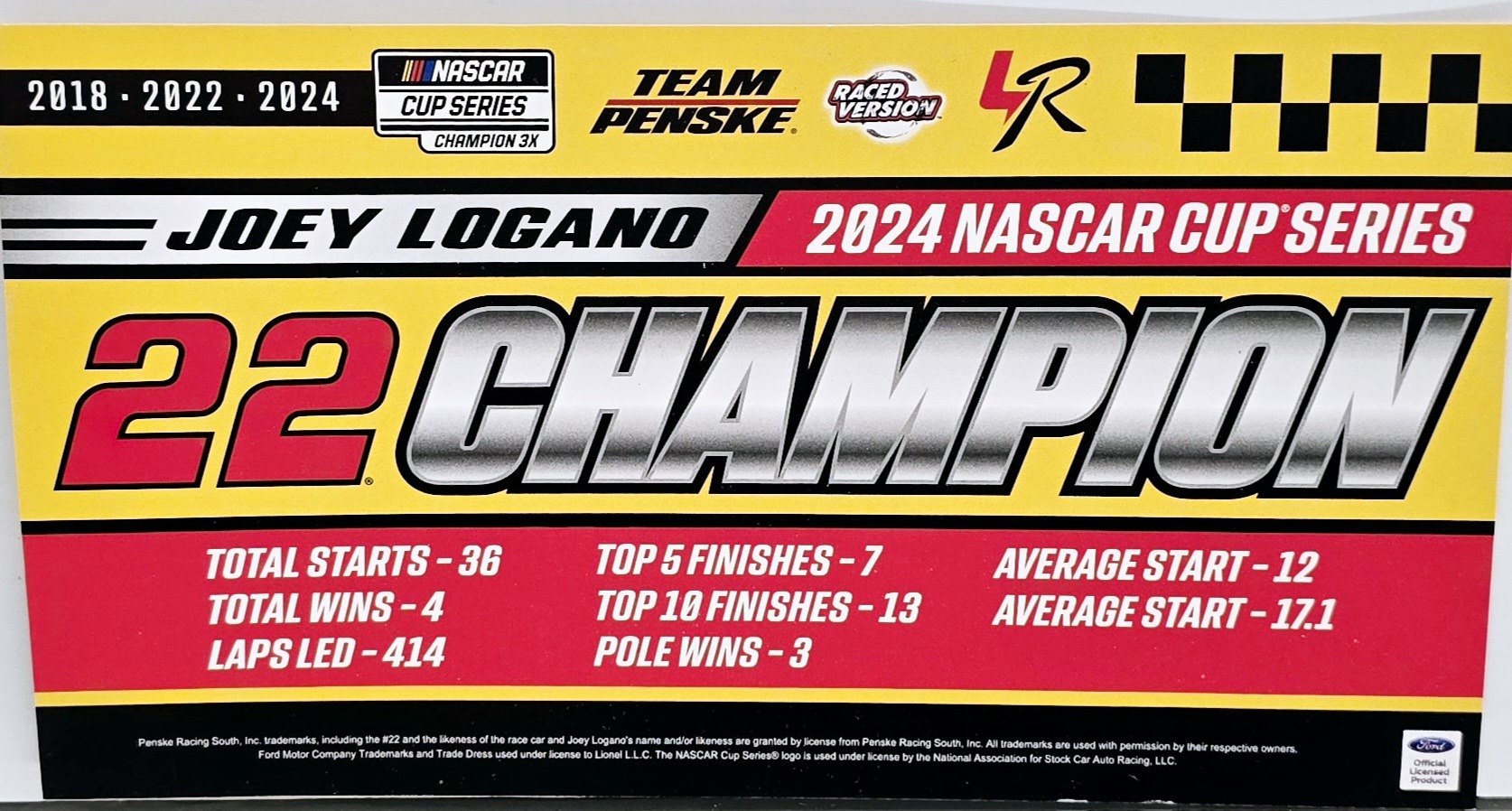 JOEY LOGANO 2024 CUP 3X CHAMPION 1/24 ARC DIECAST