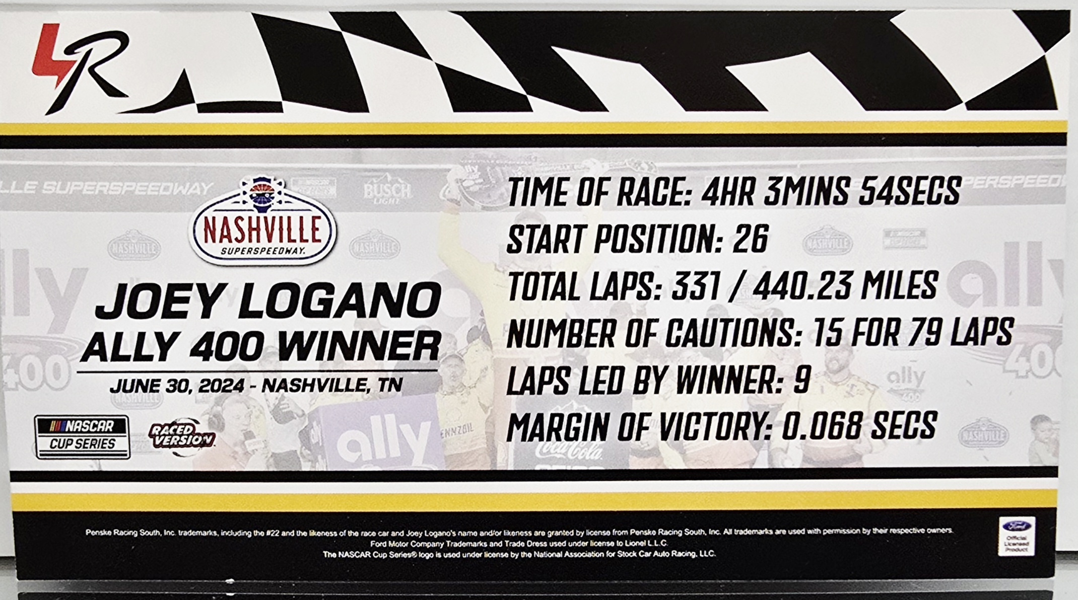 JOEY LOGANO 2024 NASHVILLE WIN RACED VERSION SHELL 1/24 ELITE DIECAST