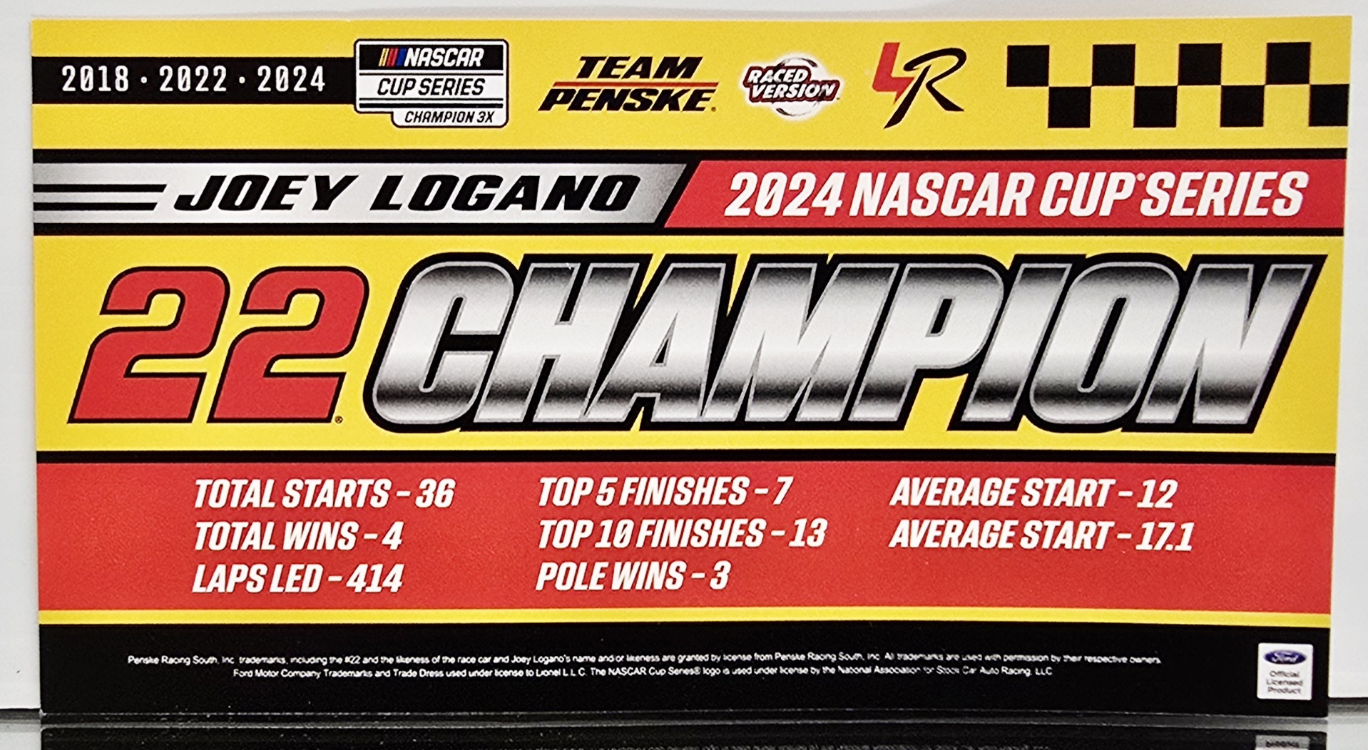 JOEY LOGANO 2024 CUP 3X CHAMPION COLOR CHROME 1/24 ARC DIECAST