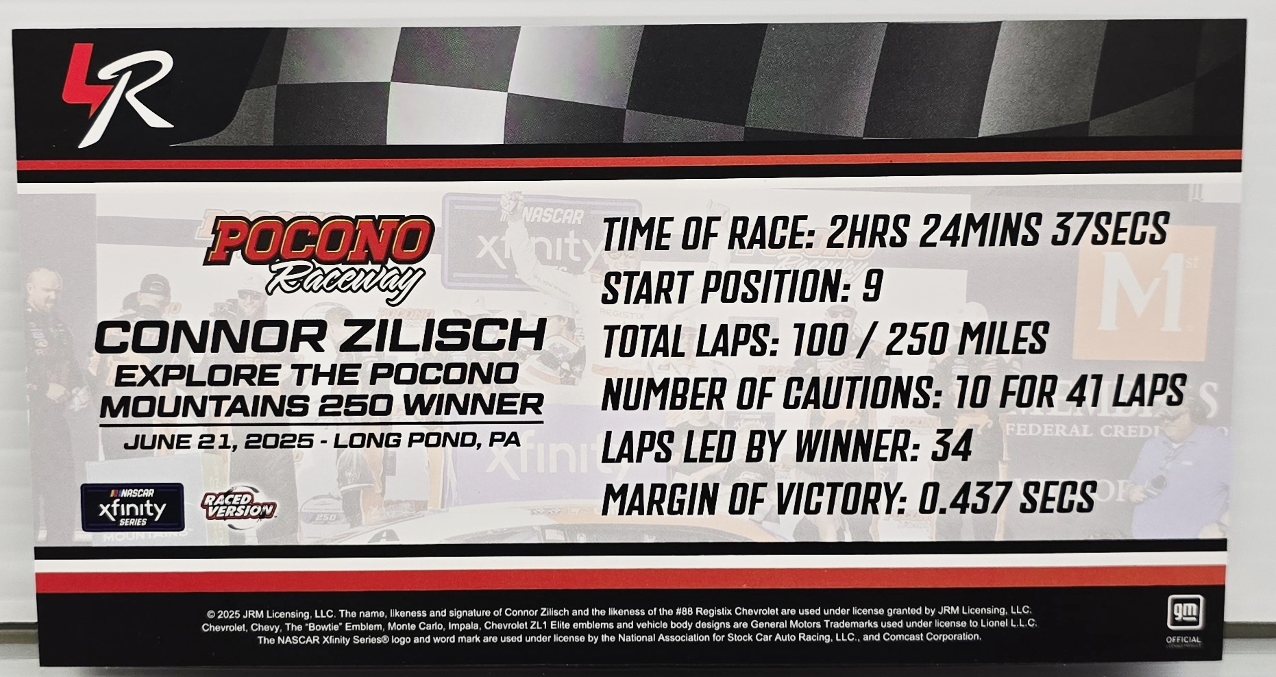 CONNOR ZILISCH 2025 POCONO WIN REGISTIX RACED VERSION 1/24 ARC DIECAST