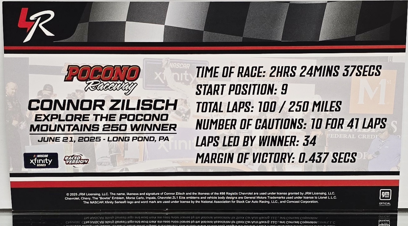 CONNOR ZILISCH 2025 POCONO WIN REGISTIX RACED VERSION *COLOR