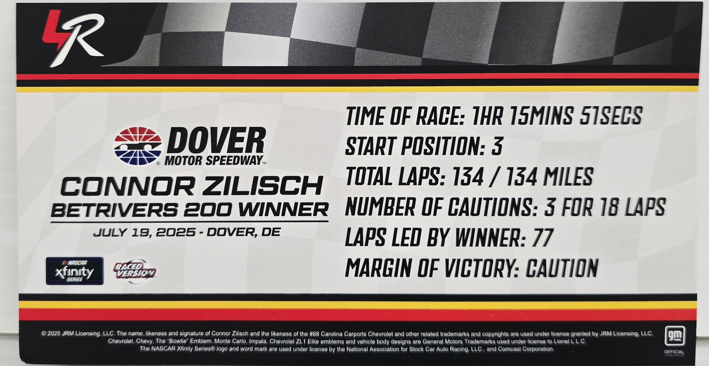 CONNOR ZILISCH 2025 DOVER WIN RACED VERSION CAROLINA CARPORTS 1/24