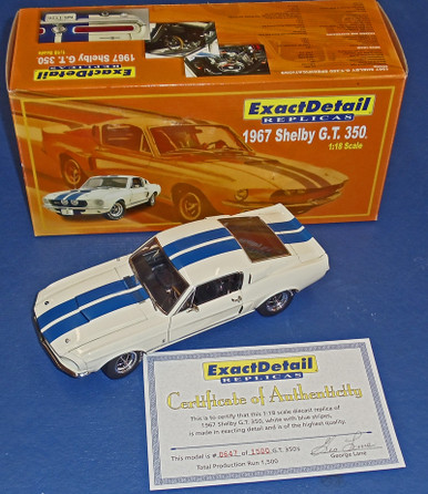 1967 SHELBY G.T. 350 WIMBLETON WHITE W/ BLUE STRIPES 1/18 by EXACT