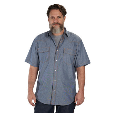 Blue Chambray Short Sleeve Shirt Cotton Washed Relaxed Fit Pocket Flaps Pencil Slot Pearl Snap