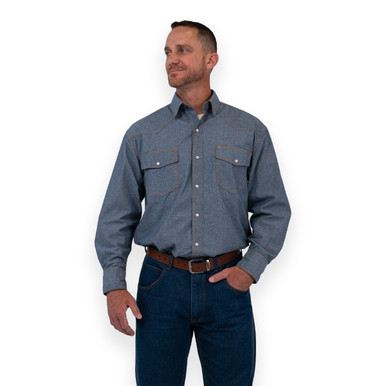 Blue Chambray Long Sleeve Shirt Cotton Washed Relaxed Fit Pocket Flaps Pencil Slot Pearl Snap