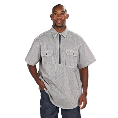 Hickory Stripe Short Sleeve Zip Front Logger Shirt Relaxed Fit Pocket Flaps Pencil Slot