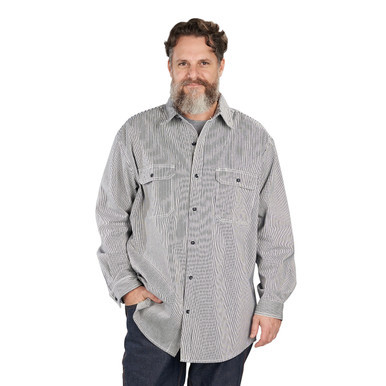 Hickory Stripe Logger Shirt Button Front Long Sleeve Cotton Denim Fabric Relaxed Fit Adjustable Cuff  Doghouse Placket Banded Collar - Back