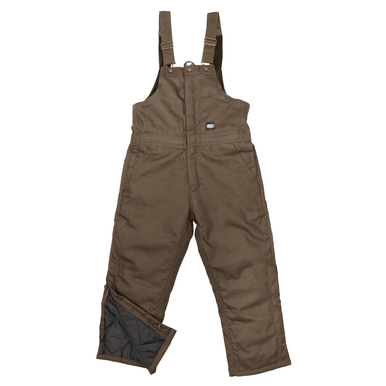 Insulated bib overall by KEY Apparel, 100% cotton, 10oz duck in a firm hand wash, black taffeta lining with 4oz insulation, relaxed fit with hammer and locker loops, snap leg closures and one-way zippers to knees