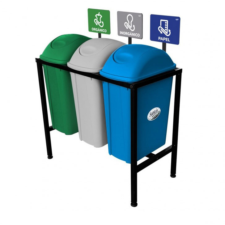 ESTACION DE RECICLAJE CON ESTRUCTURA 3 CONTENEDORES CON TAPA BALANCIN DE 42 LTS