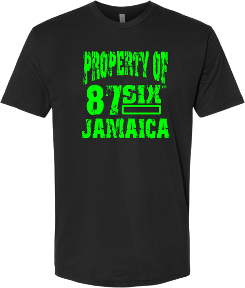 Reggae Jerk Brand - Property of 87SIX Crew Unisex Tee Black Neon Green Front