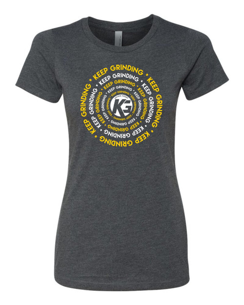 Keep Grinding Apparel | Moving Weight Cadi Art - on a Dark Heather Slim-Fit Ladies Tees