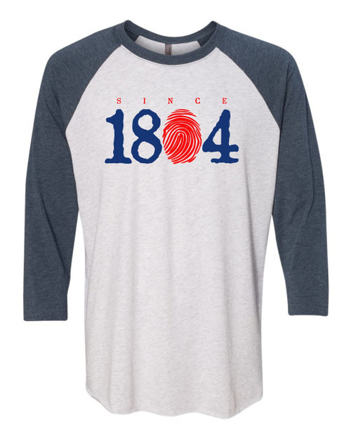Hispaniola Port & Trade Company Since 1804 Triblend Raglan Heather Indigo White Red Blue
