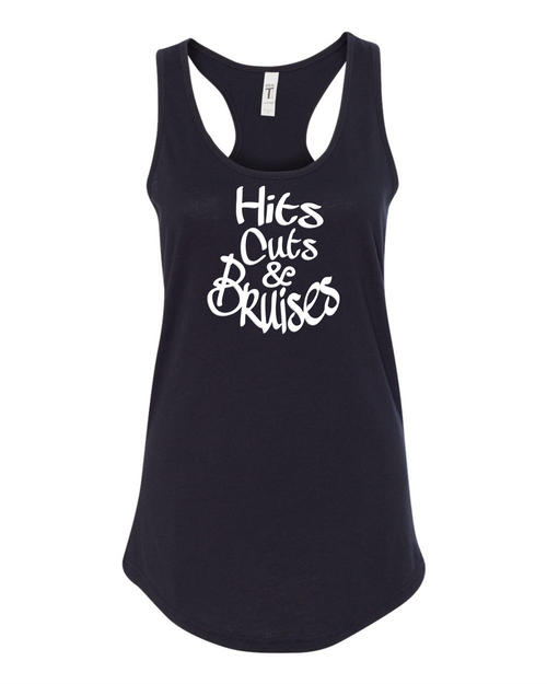 Hits, Cuts & Bruises Podcast - HCB Branded Fit Crew Racer Tank Top Black White Front