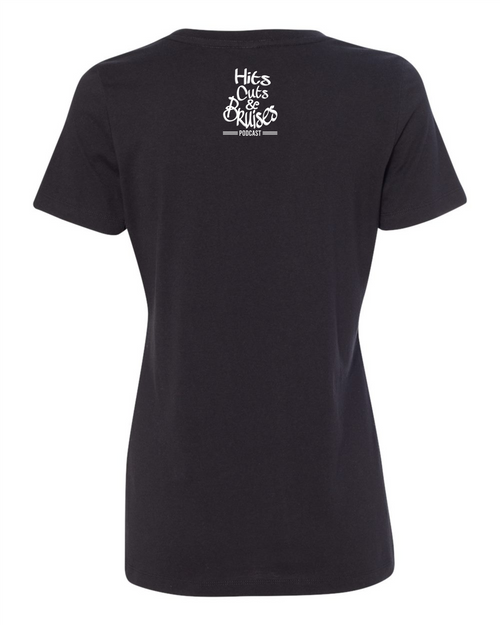 Hits, Cuts & Bruises Podcast - HCB Branded Fit Crew Ladies Tees Black White Back