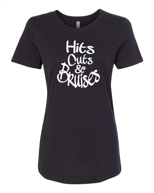 Hits, Cuts & Bruises Podcast - HCB Branded Fit Crew Ladies Tees Black White Front