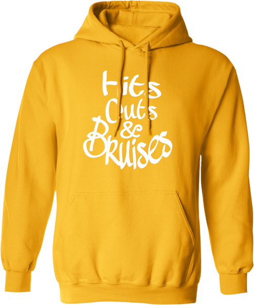 Hits, Cuts & Bruises Podcast - HCB Branded Hoodie Golden Yellow White Front