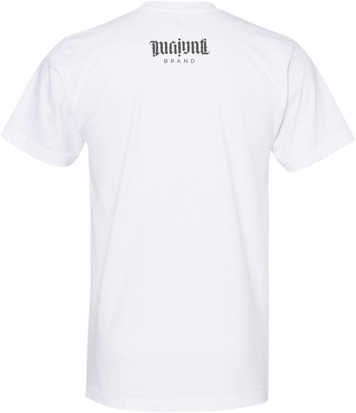 Mginati Brand | Ambigram Gun Metal Grey - White Crew Unisex Tee Back