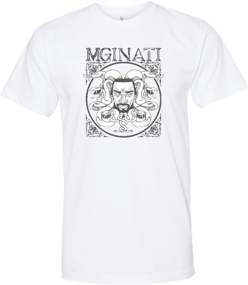 Mginati Brand | Square Circa Icon Gun Metal Grey - White Crew Unisex Tee Front