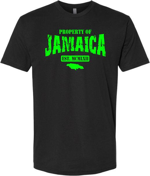 Reggae Jerk Brand - Property of Jamaica Crew Unisex Tee Black Neon Green Front