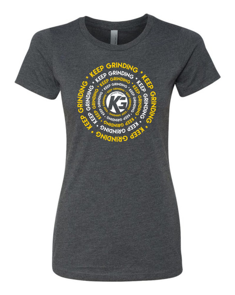 Keep Grinding Apparel | Moving Weight Cadi Art - on a Dark Heather Slim-Fit Ladies Tees