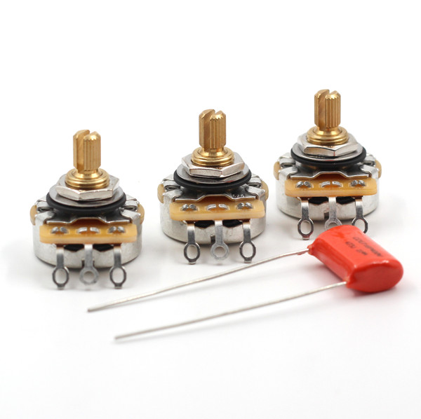 Set of 3 (3X) - CTS 450G Series 250K Potentiometers - Short SPLIT Shaft - Audio Taper - 10% Tolerance w/ .047uf Orange Drop Cap