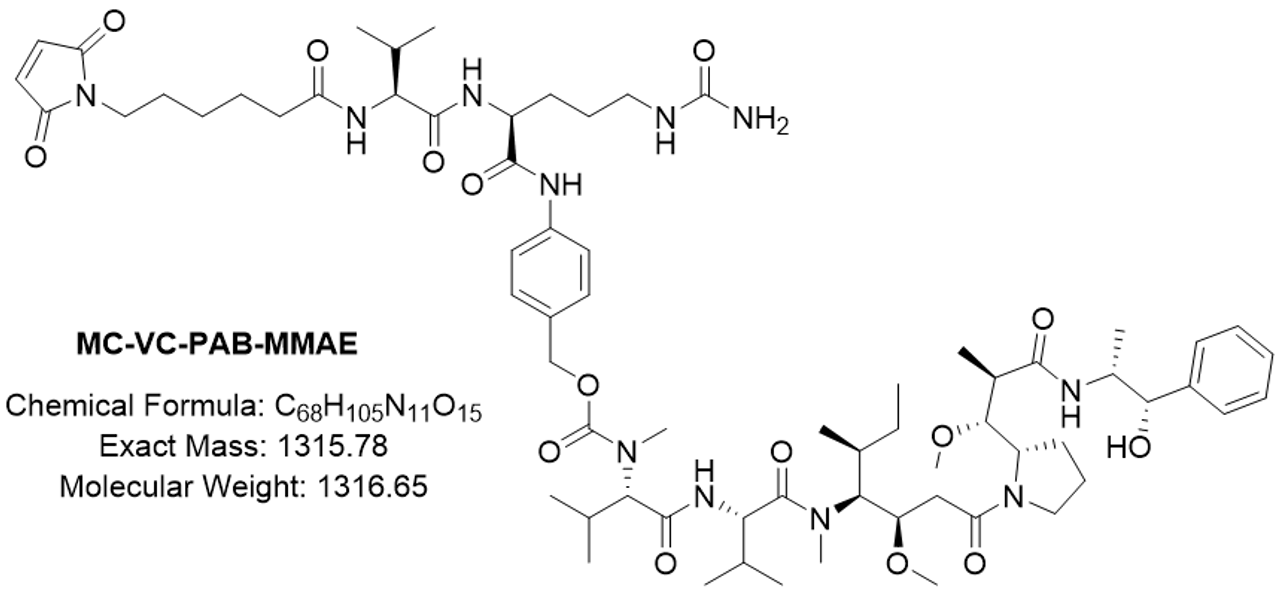 MC-VC-PAB MMAE chemical structure with formula, exact mass, and molecular weight