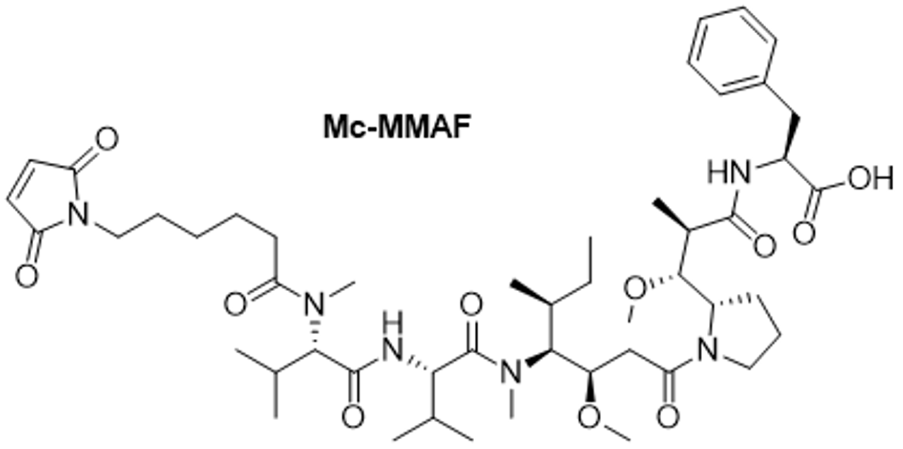 Maleimidocaproyl monomethyl auristatin F (Mc-MMAF) chemical structure.