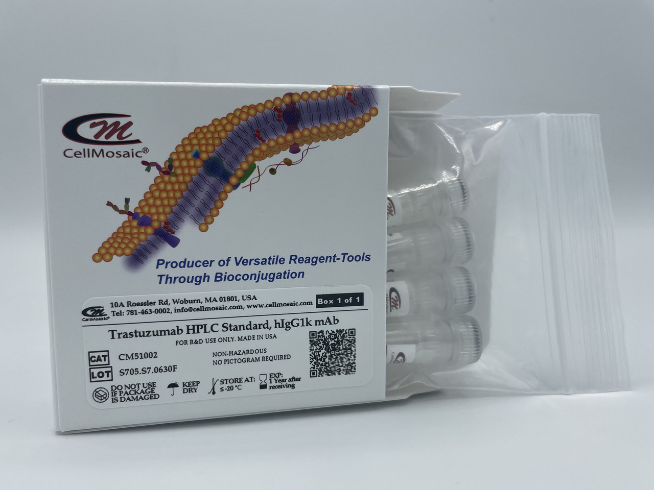 Packaged CM51002 Trastuzumab HPLC Standard, hIgG1k mAb. Tubes inside of box.