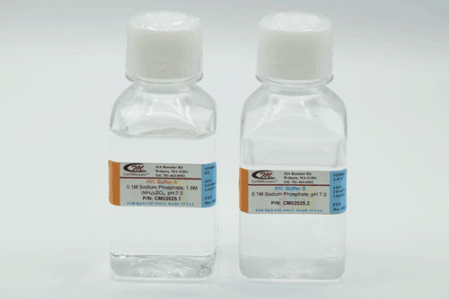Two 500 mL bottles containing buffer A (left) and buffer B (right) of the HIC Buffer Set. Two 500 mL bottles containing buffer A (left) and buffer B (right) of the HIC Buffer Set.