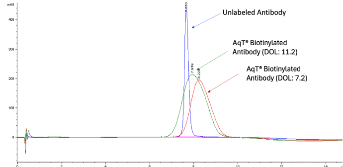 Overlayed HIC HPLC profile comparing the hydrophilicity and heterogenicity&nbsp;of&nbsp;highly biotinylated antibodies 