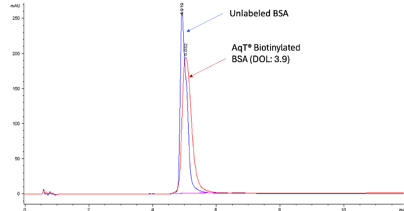 Overlay of reversed phase HPLC profiles of the unlabeled BSA and the AqT biotinylated BSA