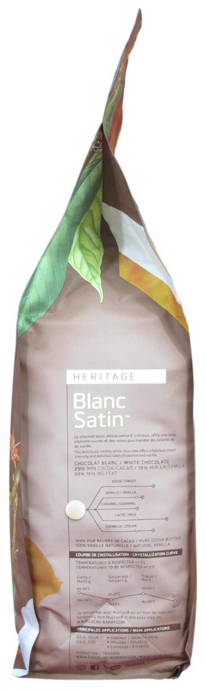 Opposite side of Cacao Barry Blanc Satin white chocolate pistoles bag, 11 lbs, showing the bag gusset with Cacao Barry branding.