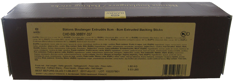 Back of Cacao Barry chocolate baking batons box, 300 count, 3.6 lbs, showing the ingredient panel, nutrition information, and lot details.