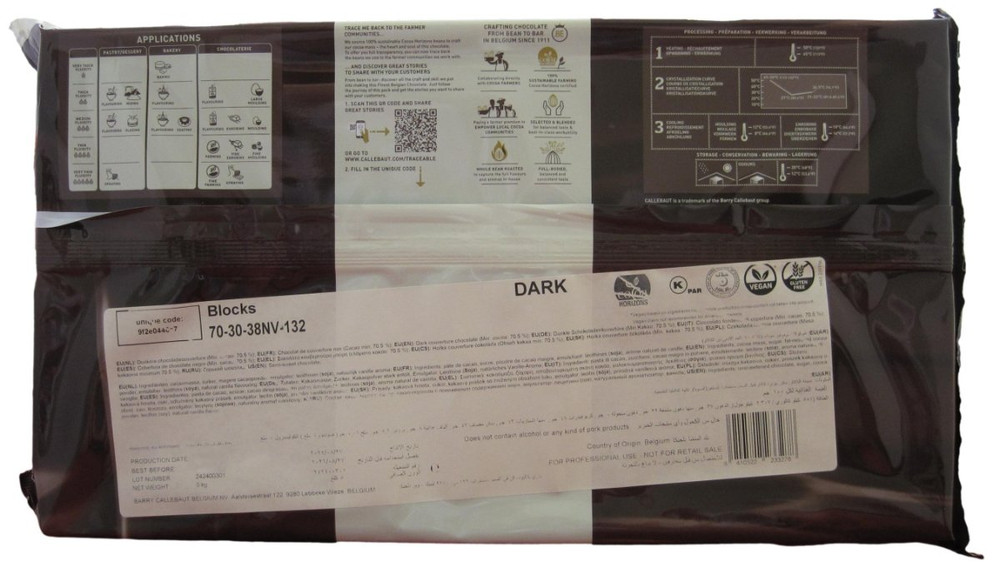 Back of Callebaut 70-30-38 dark chocolate block wrapper, 11 lbs, showing the ingredient panel, nutrition information, and storage guidance.