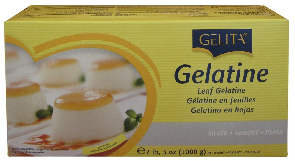 Front of Gelita Silver Leaf Gelatin carton, 2.2 lb (1 kg) size, showing the product label and German branding.