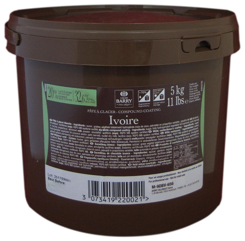 Cacao Barry Pate a Glacer Ivoire white chocolate compound pail, 11 lbs, showing the label with French branding and the ivory coating.