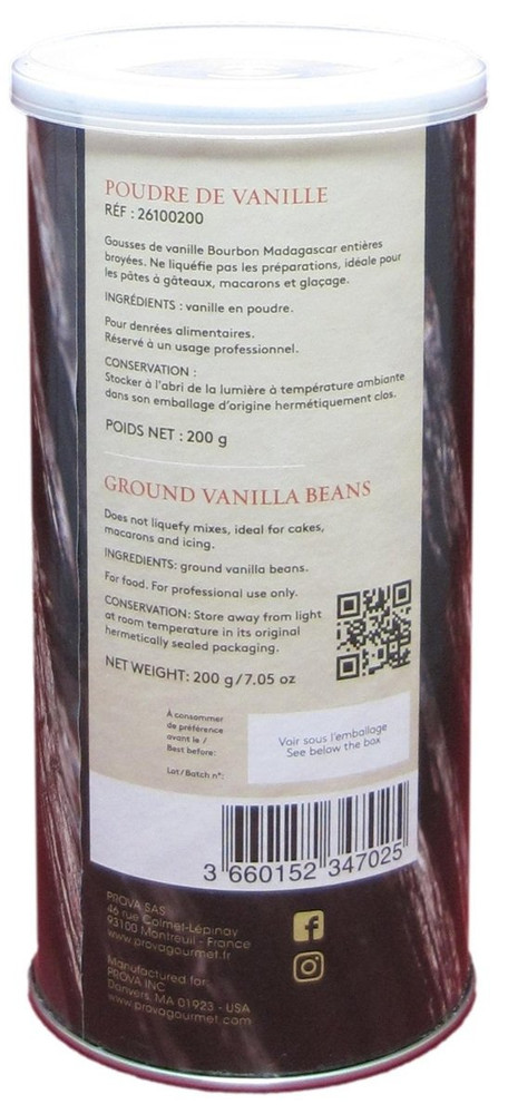 Back of Prova Gourmet Madagascar Bourbon vanilla bean powder bottle, 7.05 oz, showing the ingredient list, nutrition panel, and origin.