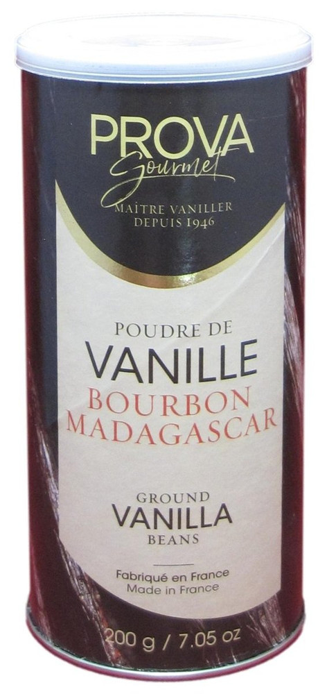 Front of Prova Gourmet Madagascar Bourbon vanilla bean powder bottle, 7.05 oz, showing the brown ground vanilla and French brand label.