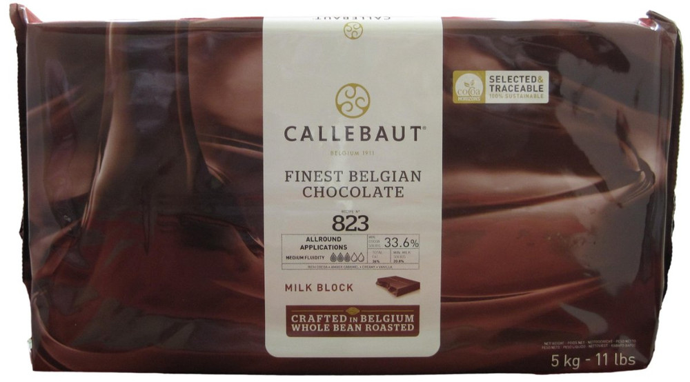 Front of Callebaut 823 milk chocolate block, 11 lbs, showing the wrapped block with the Callebaut label and 33.6% cocoa recipe.