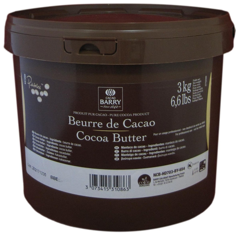 Front of Cacao Barry cocoa butter pistoles bag, 6.6 lbs, showing the label with French branding and the pale ivory cocoa butter pieces.